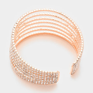 Seven Row Clear Crystal Rhinestone Cuff Bracelet on Rose Gold  | 371193