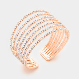 Seven Row Clear Crystal Rhinestone Cuff Bracelet on Rose Gold