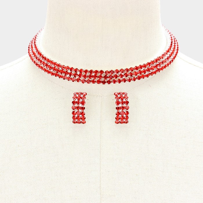 3-Row Red Crystal Choker and Earrings