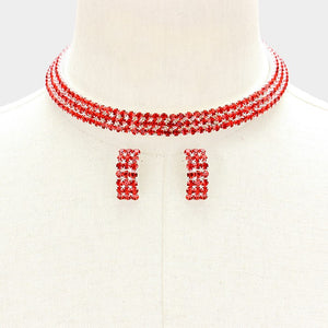 3-Row Red Crystal Choker and Earrings