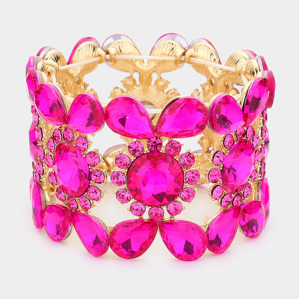 Wide Fuchsia Crystal Multi Shaped Stone Bracelet Bling L&M Bracelet | Pageant - | lmbling Evening Stretch