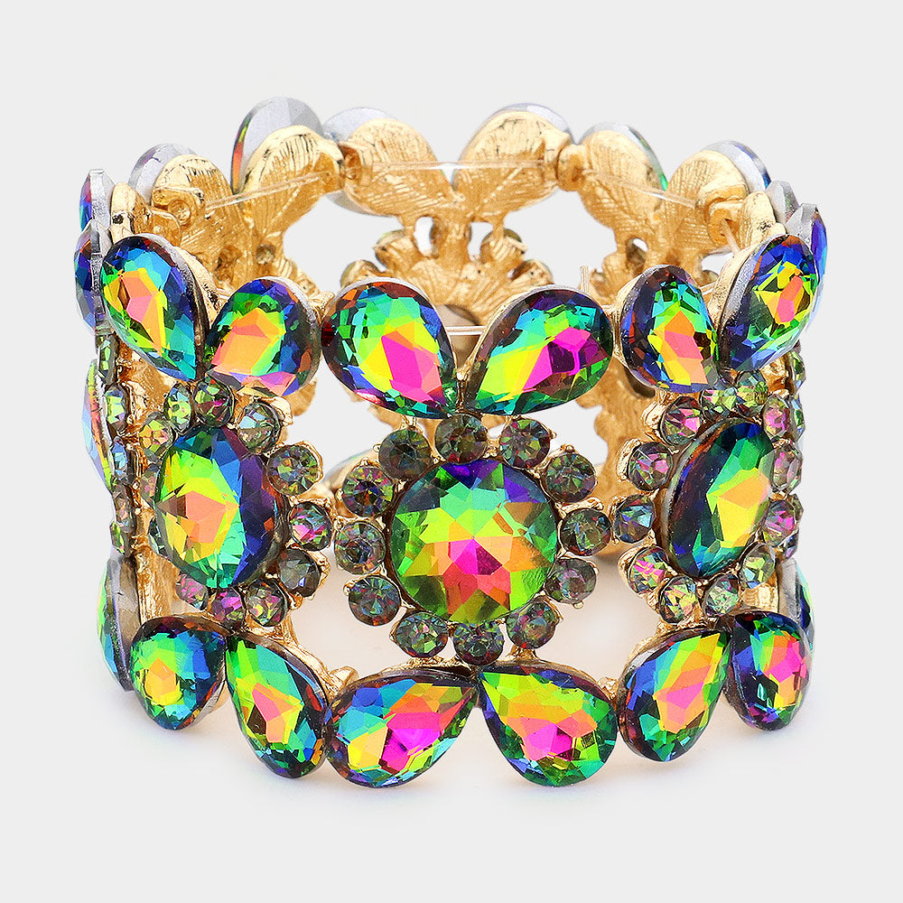 Wide Multi-Color Crystal Multi Shaped Stone Stretch Pageant Bracelet | Evening Bracelet