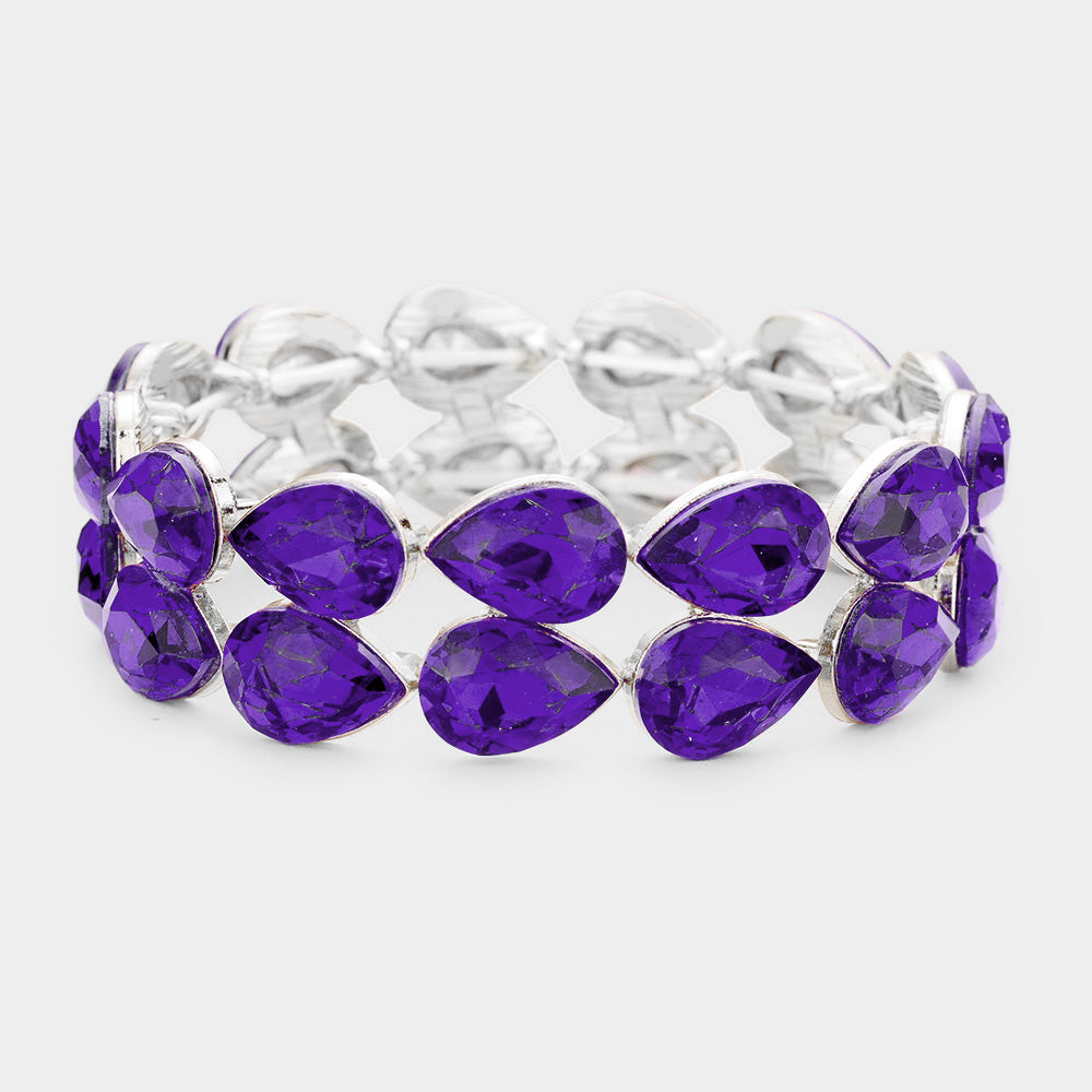 Purple Double Row Crystal Teardrop Stretch Bracelet