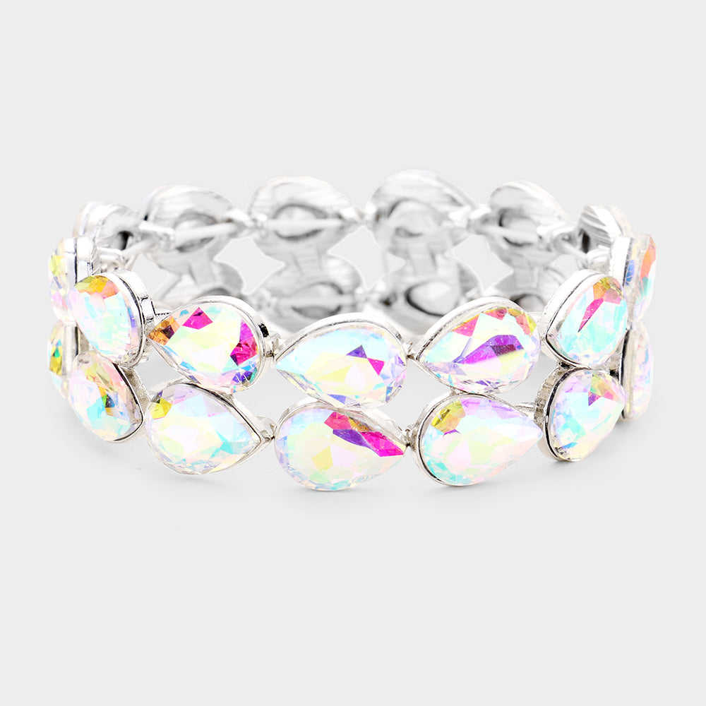 AB Double Row Crystal Teardrop Stretch Bracelet