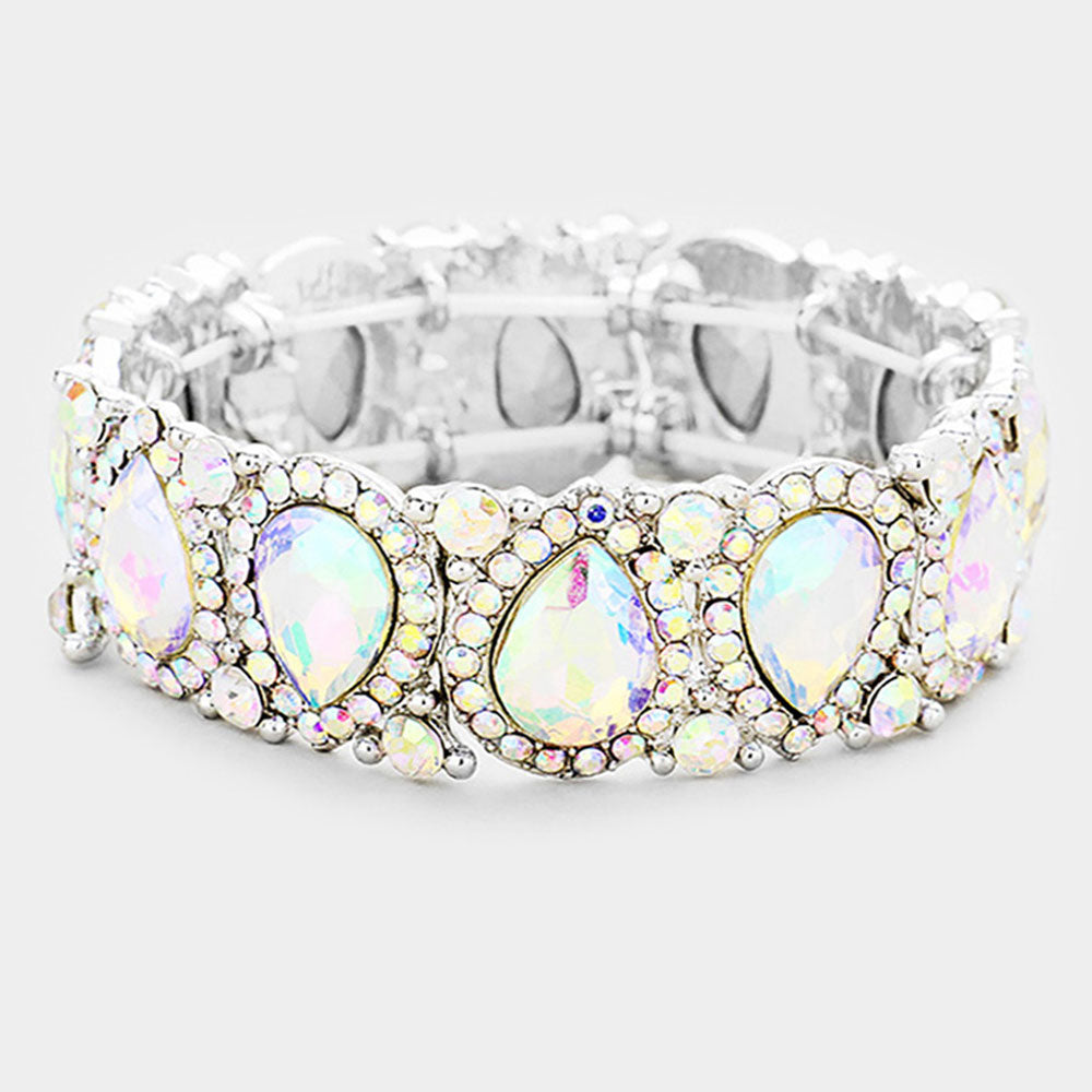 Slim AB Crystal Pear and Rhinestone Stretch Bracelet  | Pageant Jewelry