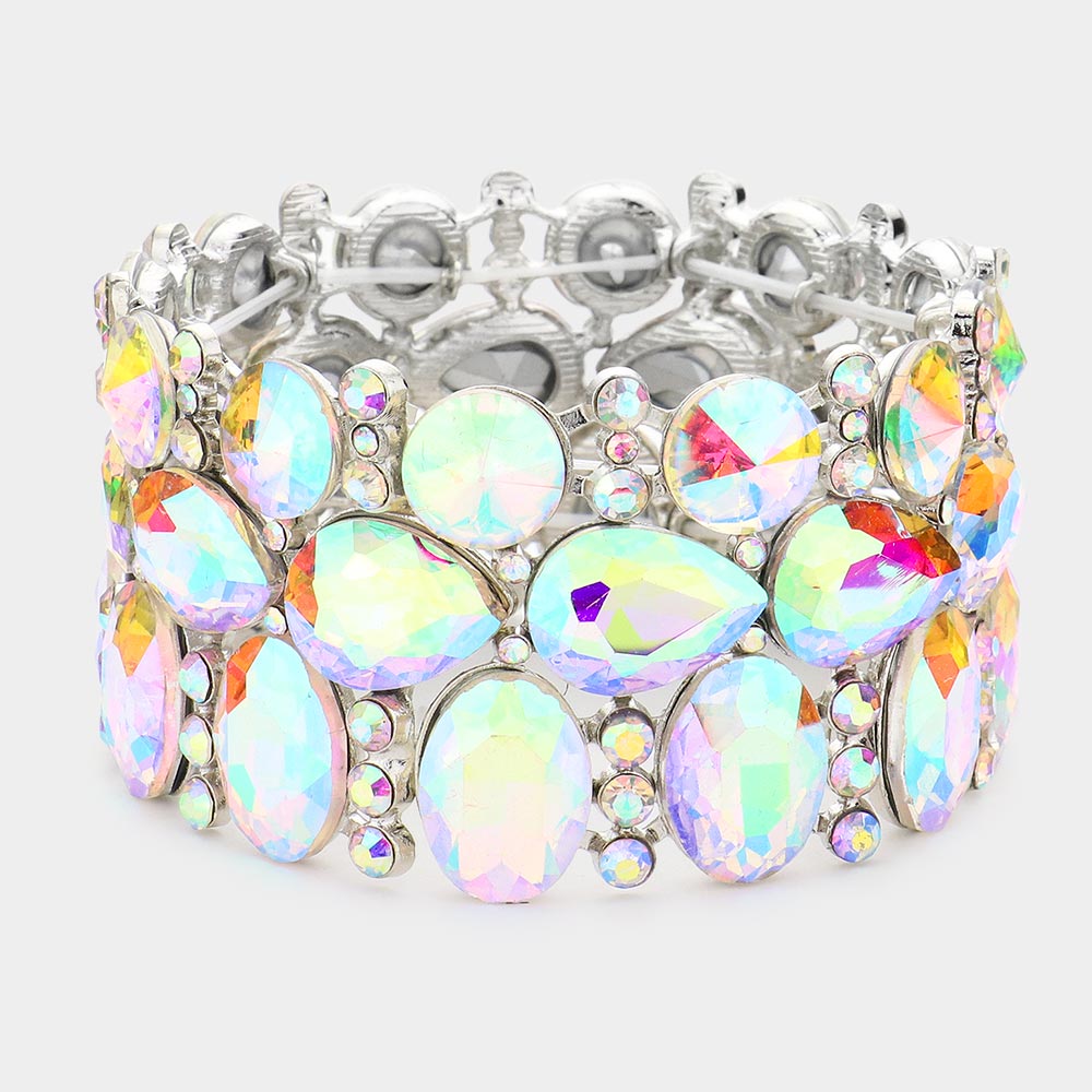 Wide AB Crystal Multi Cluster Stone Pageant Bracelet  | Prom Bracelet