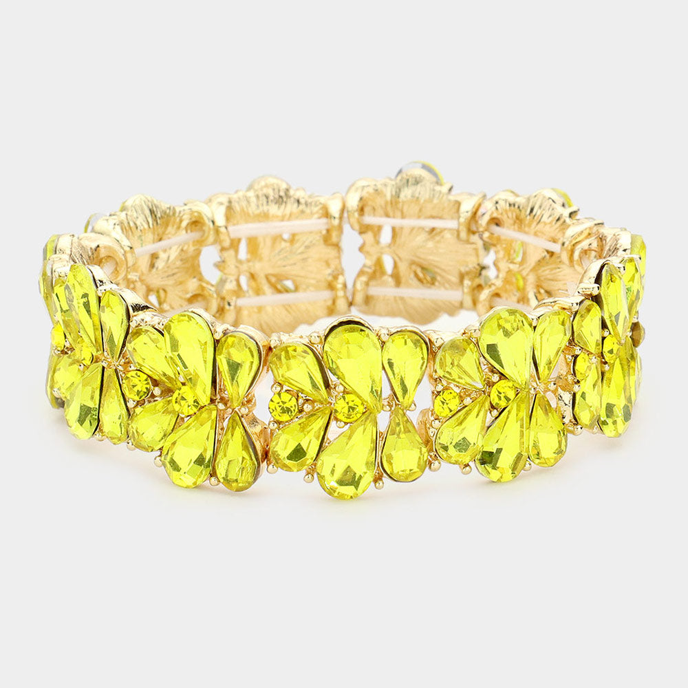 Yellow Crystal Teardrop Cluster Stretch Pageant Bracelet | Prom Bracelet