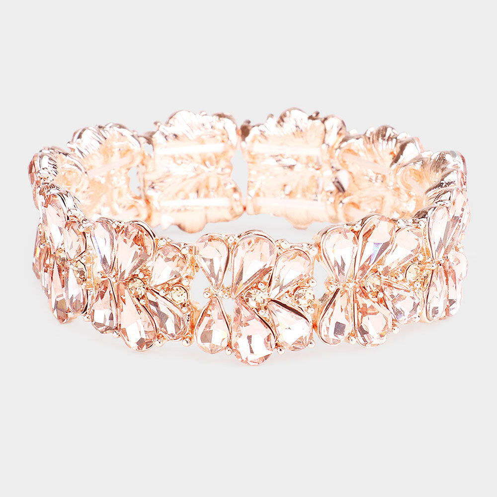 Peach Crystal Teardrop Cluster Stretch Pageant Bracelet on Gold | Prom Bracelet