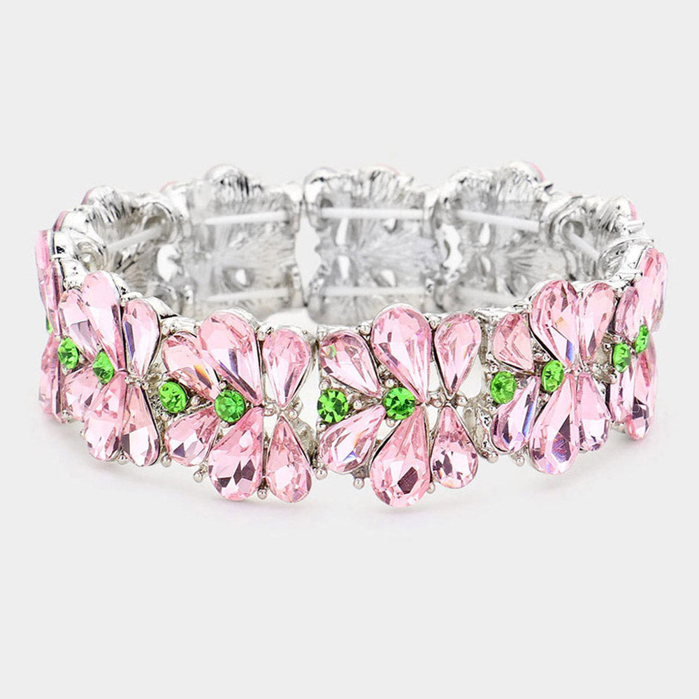 Pink & Green Crystal Teardrop Cluster Stretch Pageant Bracelet | Prom Bracelet