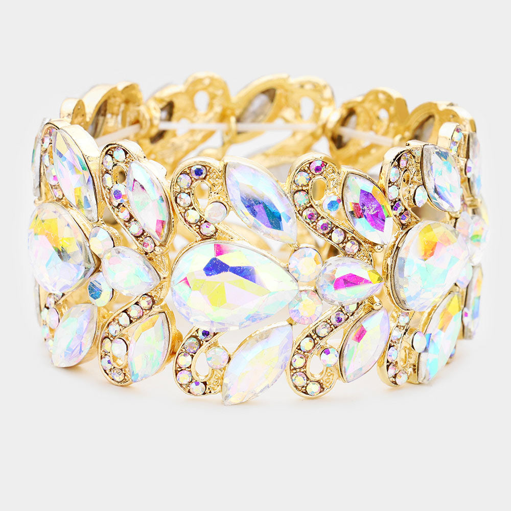 AB Chunky Crystal Teardrop Pageant Stretch Bracelet on Gold | Prom Bracelet