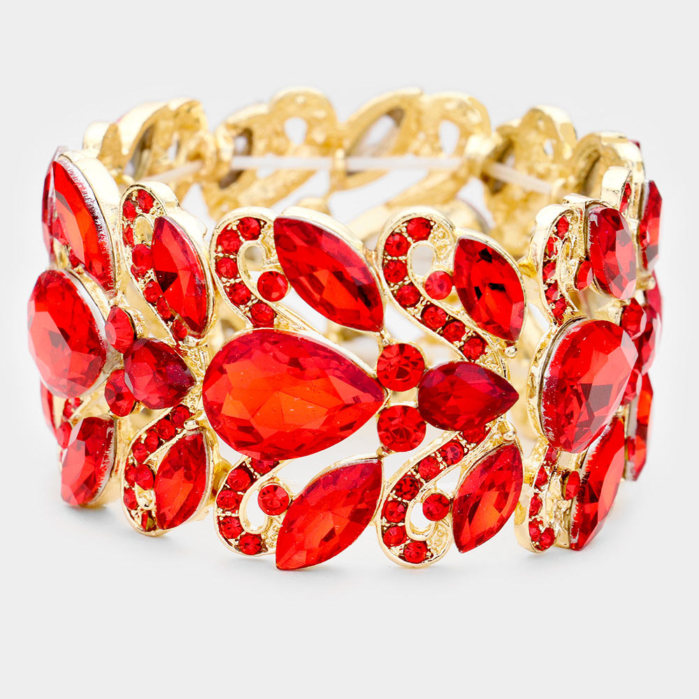 Red Chunky Crystal Teardrop Pageant Stretch Bracelet | Prom Bracelet