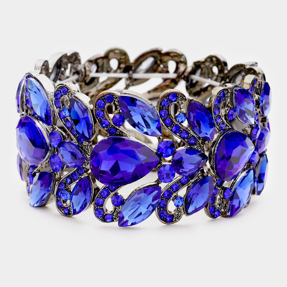 Royal Blue Chunky Crystal Teardrop Pageant Stretch Bracelet  | Prom Bracelet