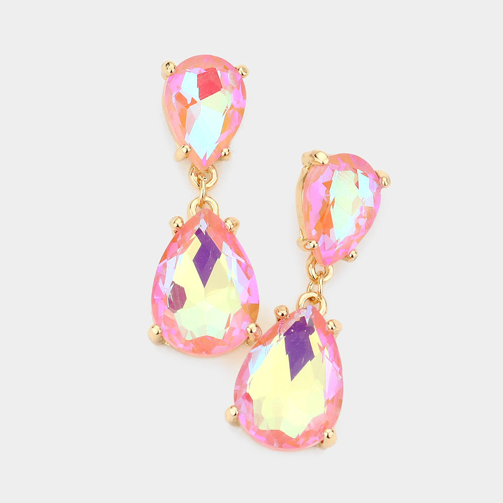 Small Pink AB Double Teardrop Dangle Pageant Earrings | Interview Earrings