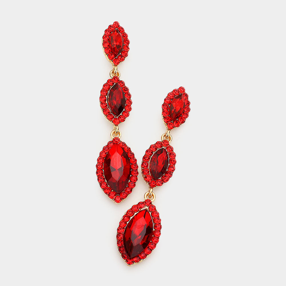 Red Crystal Triple Marquise Drop Dangle Pageant Earrings | Prom Jewelry