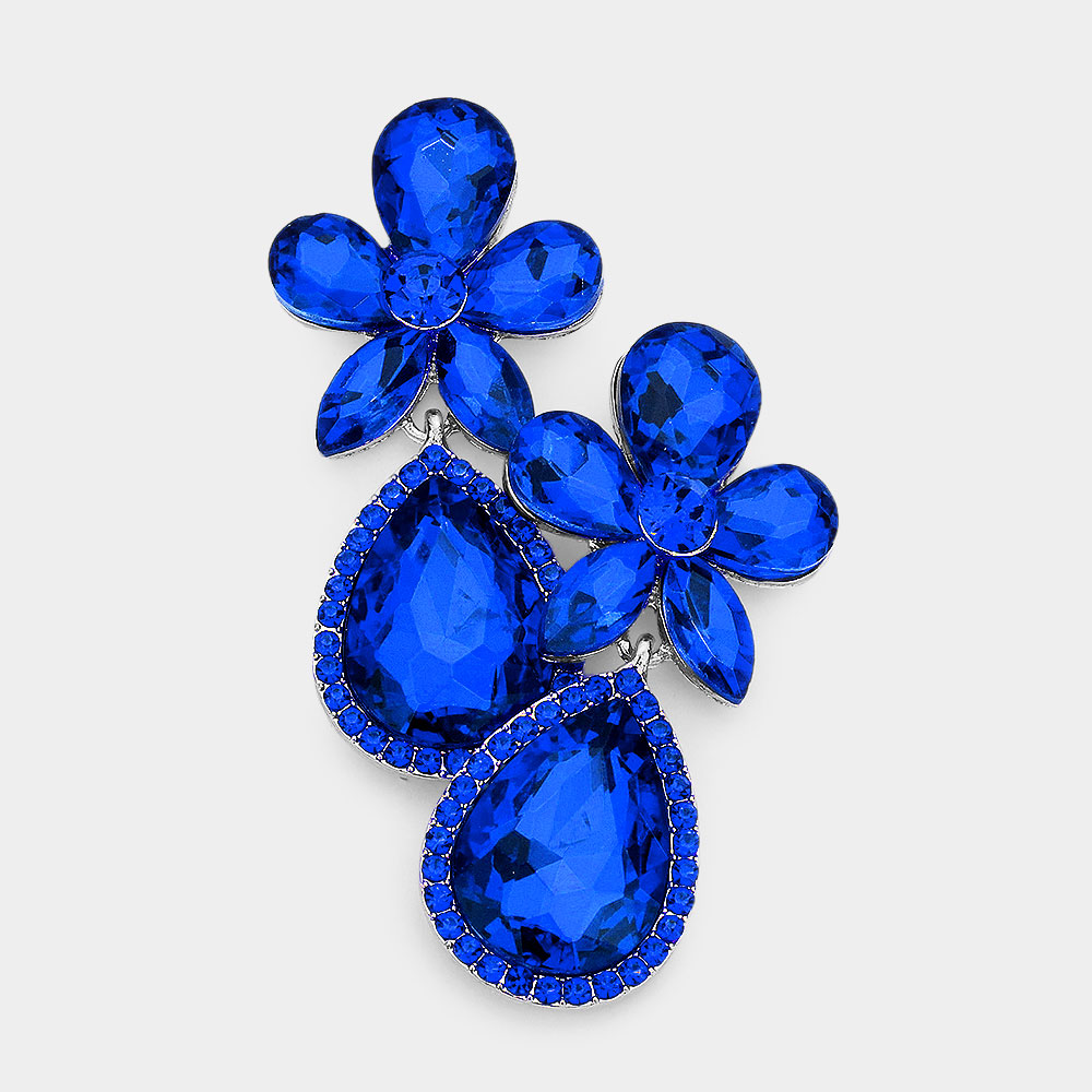 Sapphire Crystal Flower Stone Teardrop Dangle Pageant Earrings  | Pageant Jewelry 