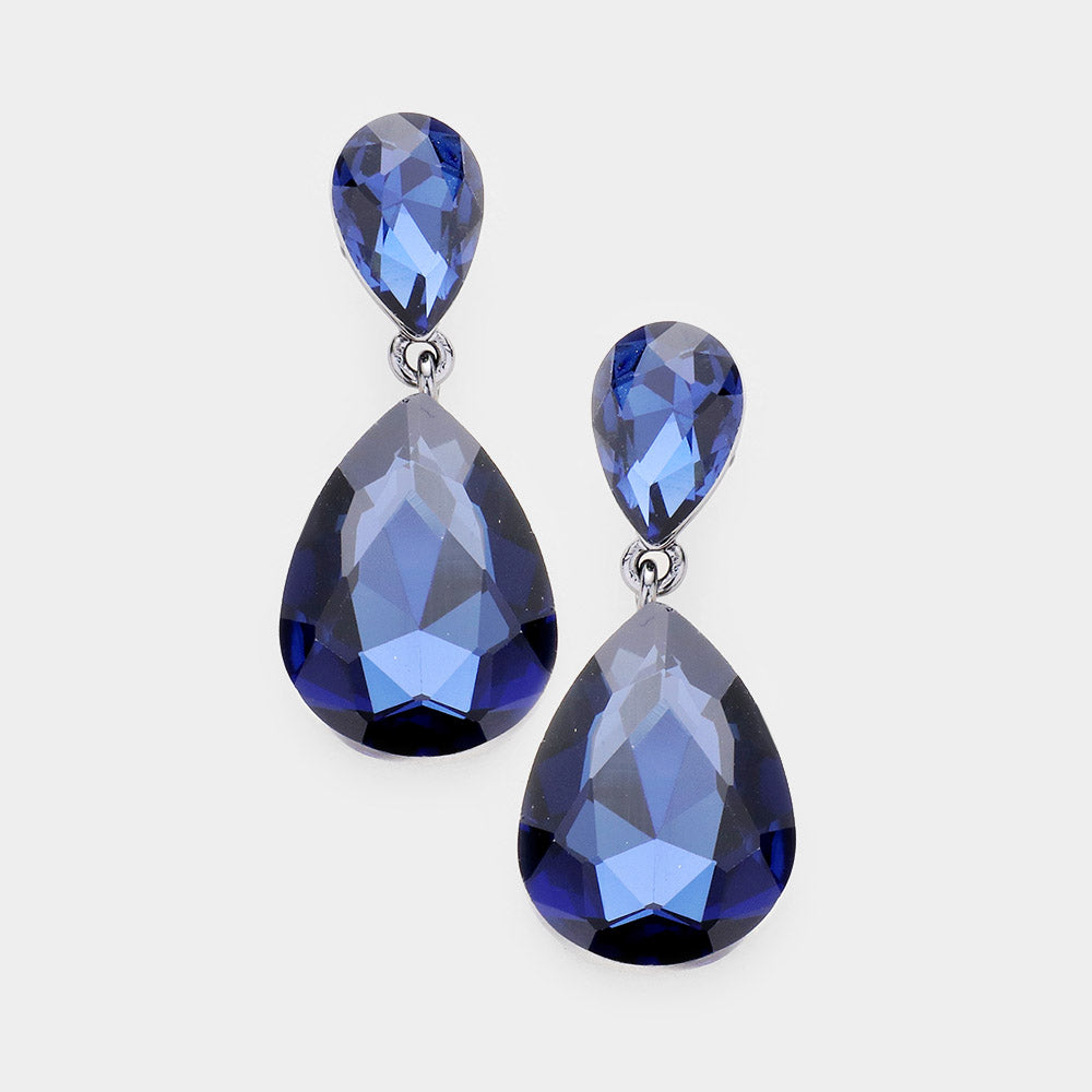 Little Girls Double Navy Crystal Teardrop Evening Earrings