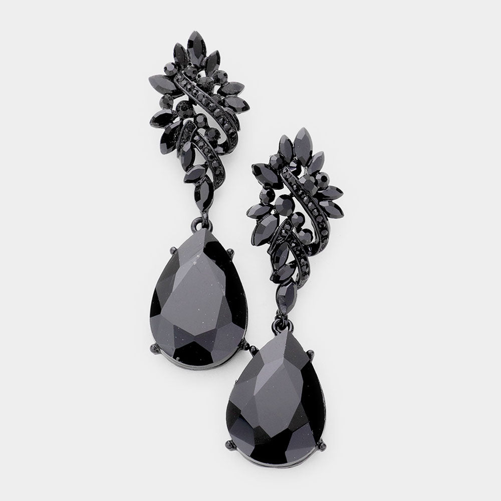 Black Crystal Teardrop Rhinestone Pageant Earrings | Homecoming Jewelry