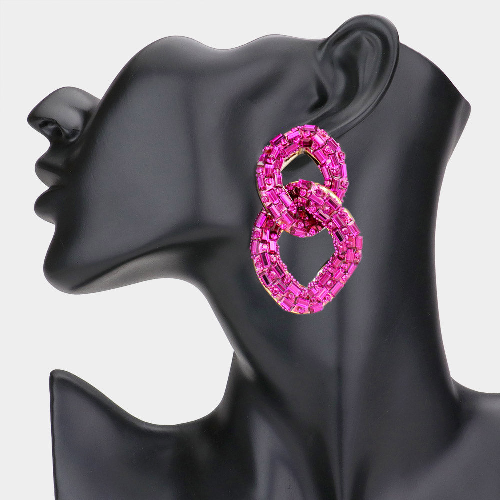 Fuchsia Crystal Stone Link Fun Fashion Earrings  | Pageant Earrings