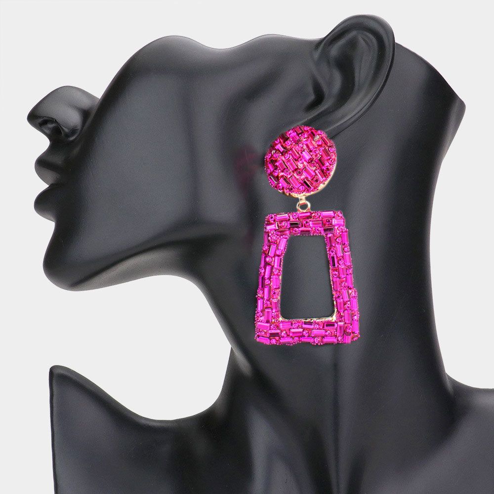 Fuchsia Crystal Stone Embellished Door Knocker Pageant Earrings  | Prom Earrings 