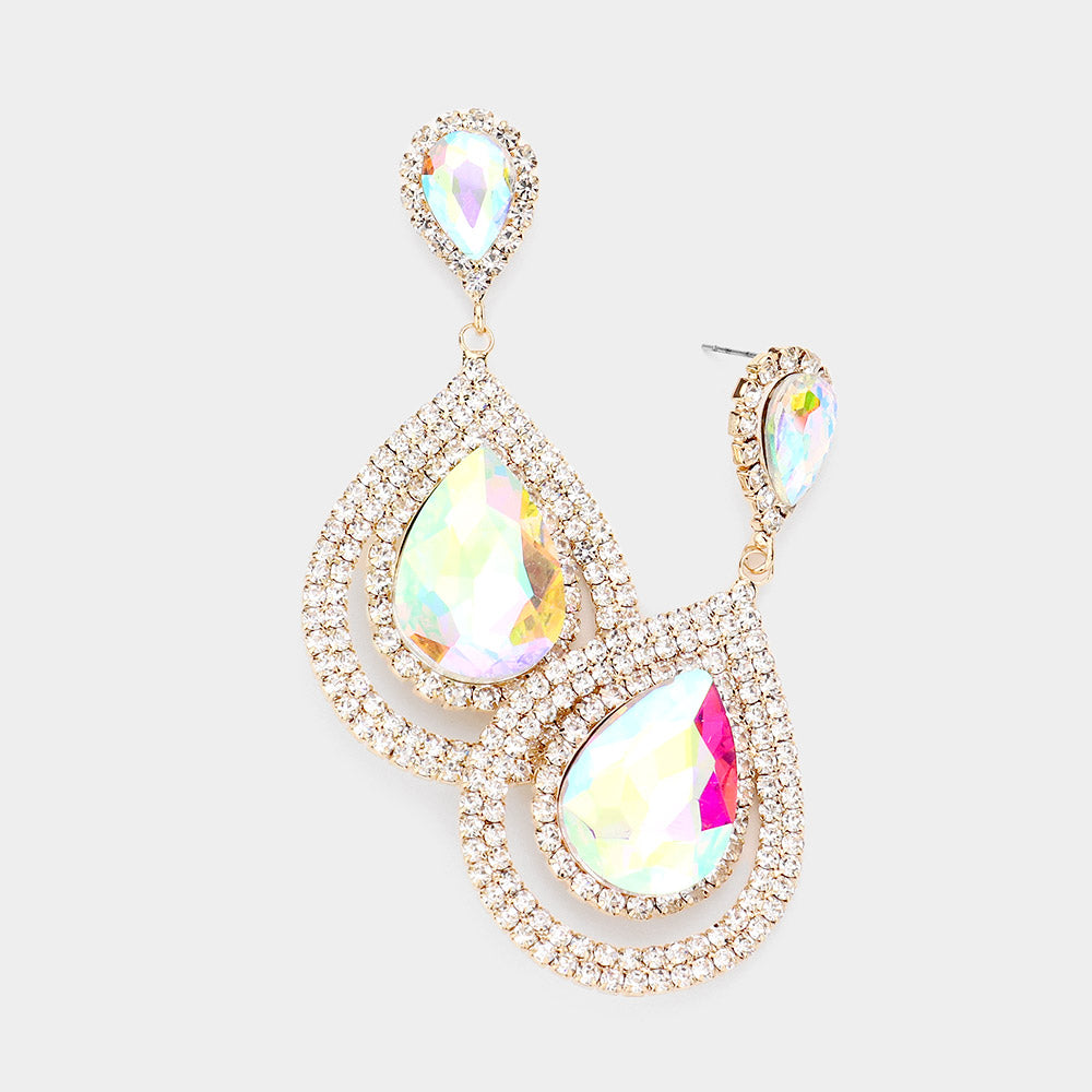 AB Crystal Teardrop Stone Rhinestone Accented Dangle Earrings on Gold | Pageant Earrings