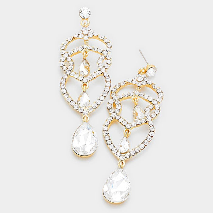 Clear Crystal Rhinestone Teardrop Dangle Pageant Earrings on Gold