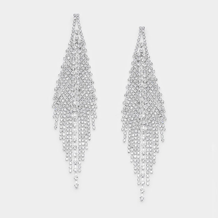 Long Clear Crystal Rhinestone Fringe Pageant Prom Earrings