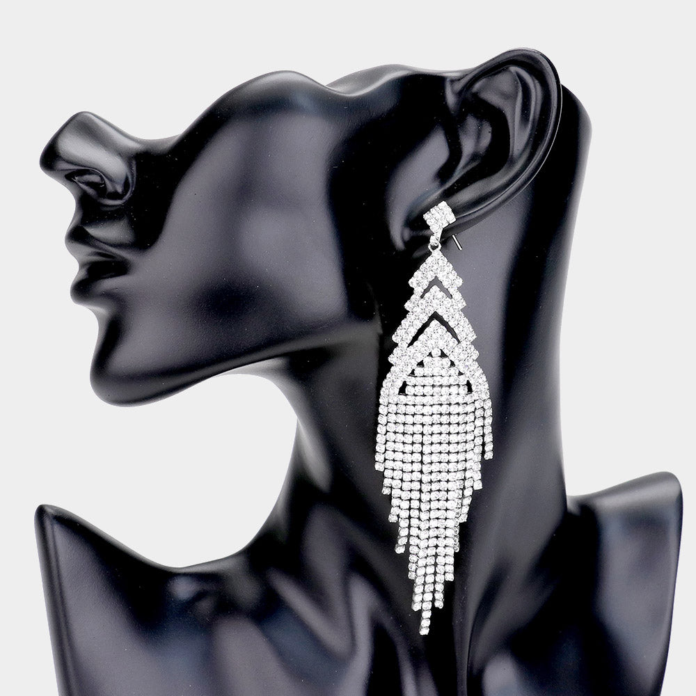 Clear Crystal Rhinestone Long Fringe Earrings on Silver