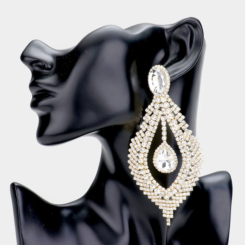 Large Clear Crystal Chandelier Pageant Earrings on gold | 448588