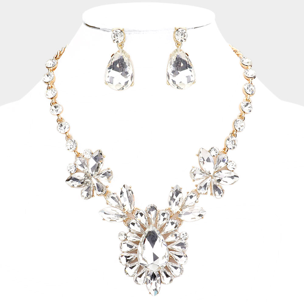 Clear Crystal Teardrop Stone Cluster Pageant Necklace on Gold | Prom Necklace