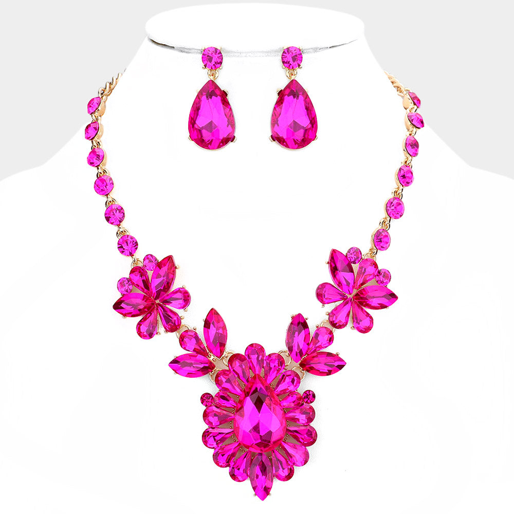 Fuchsia Crystal Teardrop Stone Cluster Pageant Necklace  | Prom Necklace