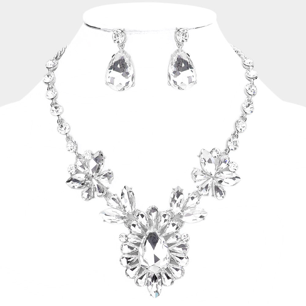 Clear Crystal Teardrop Stone Cluster Pageant Necklace | Prom Necklace 