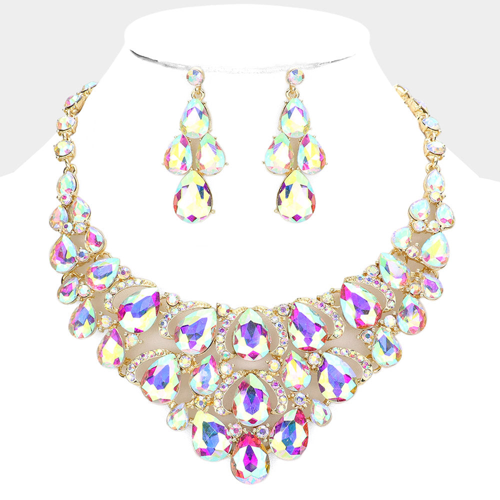 AB Crystal Teardrop Cluster Pageant Necklace on Gold | Statement Necklace