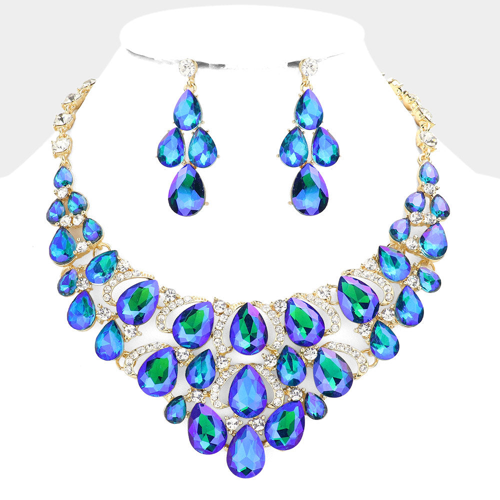 Blue/AB Crystal Teardrop Cluster Pageant Necklace  | Statement Necklace