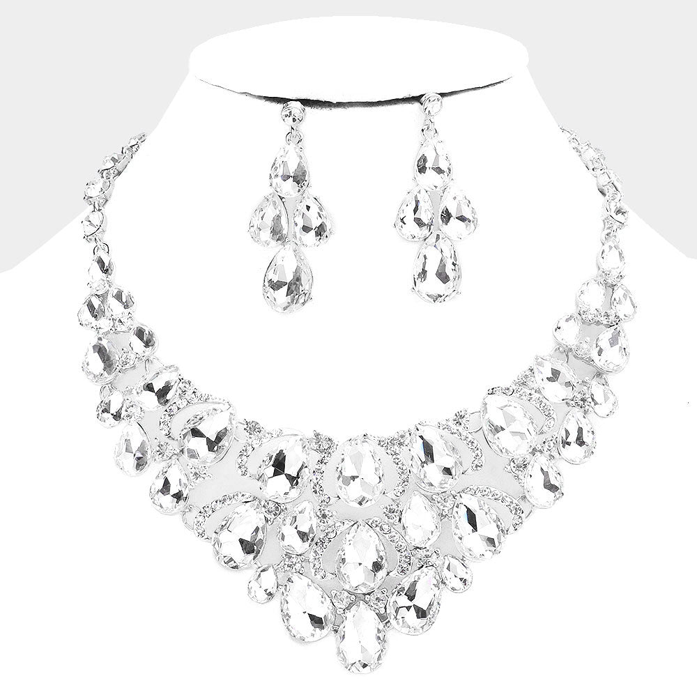 Clear Crystal Teardrop Cluster Pageant Necklace  | Statement Necklace