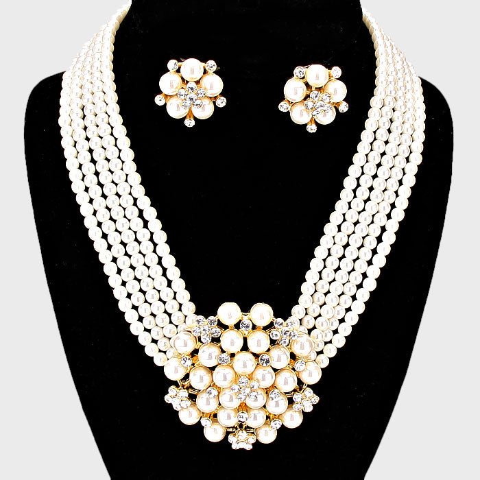 Cream Pearl Cluster Bridal Necklace with Clip On Earrings