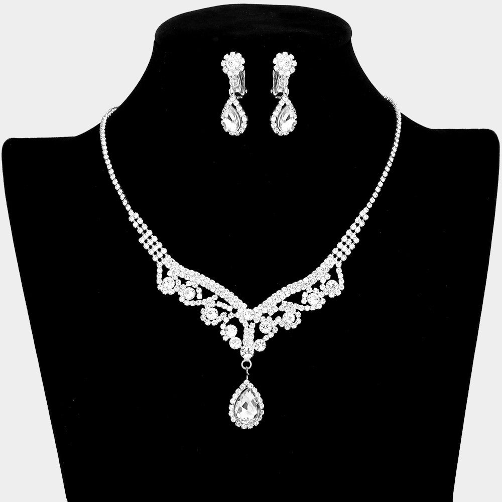 Clear Crystal Teardrop Stone Rhinestone Prom Necklace - Clip on Earrings| Prom Jewelry