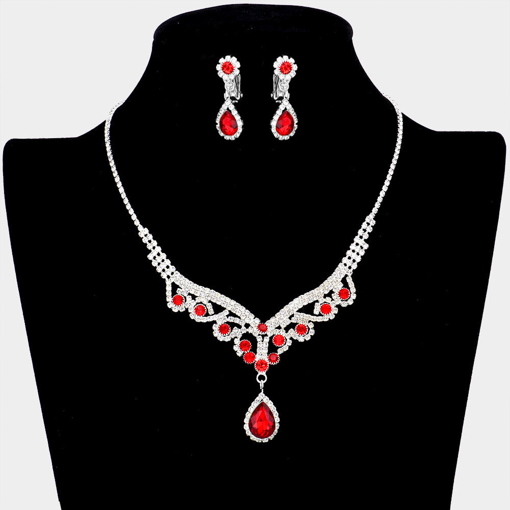 Red Crystal Teardrop Stone Rhinestone Prom Necklace | Prom Jewelry