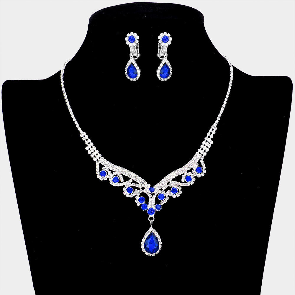 Sapphire Crystal Teardrop Stone Rhinestone Prom Necklace - Clip on Earrings | Prom Jewelry