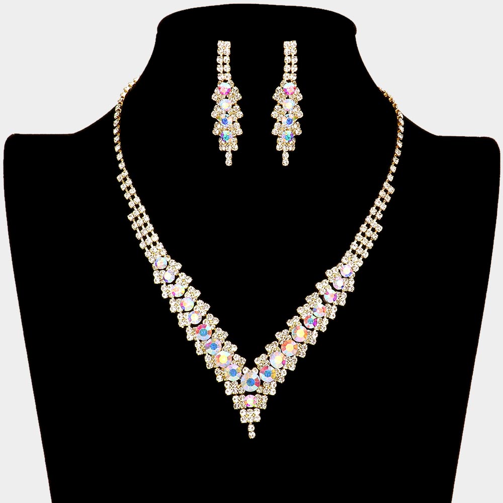 Crystal V-Neck Rhinestone Necklace Set Prom Jewelry | L&M Bling -