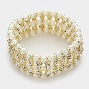 Multi Row Crystal and Cream Pearl Bridal Stretch Bracelet | 226397