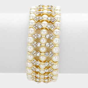 Multi-row crystal Cream Pearl Bridal Stretch Bracelet