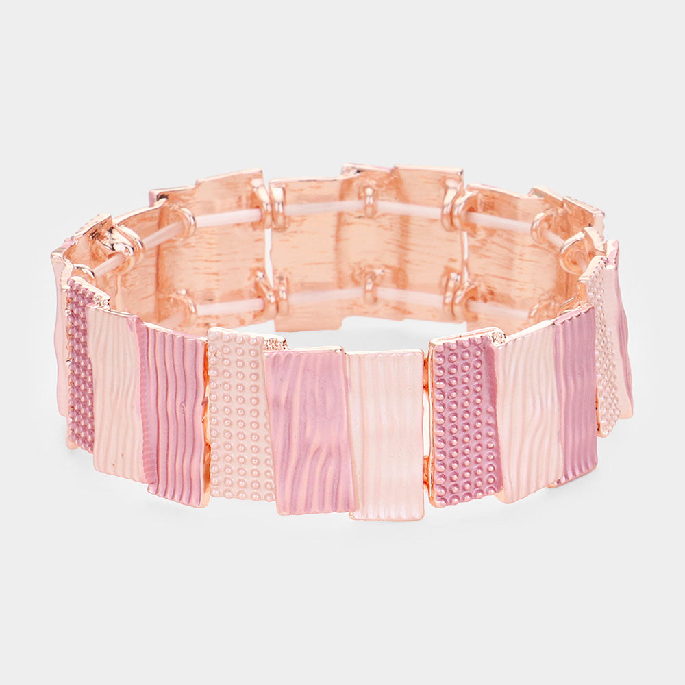 Peach Textured Rectangle Metal Stretch Fun Fashion Bracelet on Rose Gold